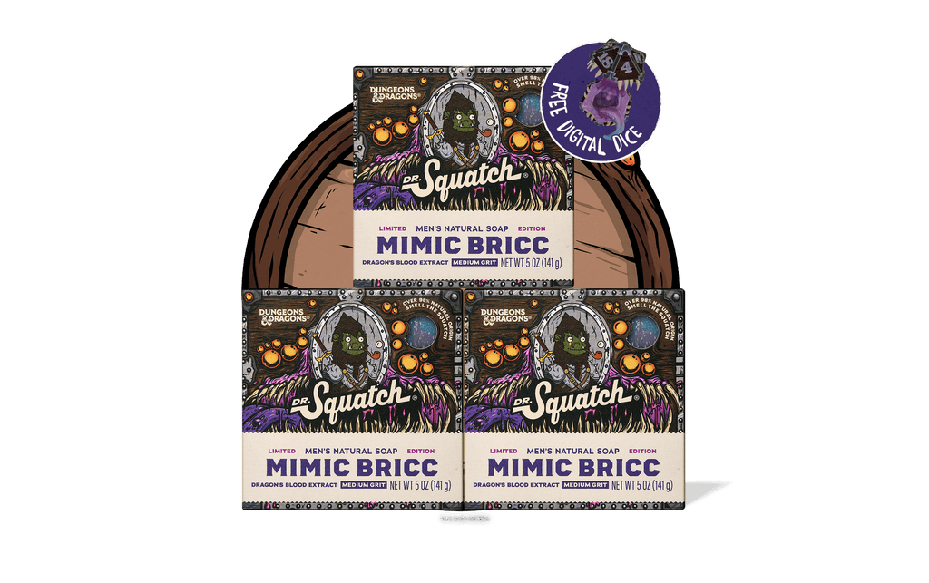 Dr. Squatch Mimic Bricc 3-pack soap bundle with purple Dungeons & Dragons branding and free digital dice offer sticker.